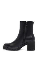 Women's Black Zippered Thick Heeled Leather Boot | Derimod