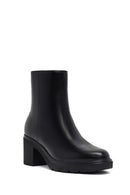 Women's Black Zippered Thick Heeled Leather Boot | Derimod