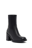 Women's Black Zippered Thick Heeled Leather Boot | Derimod