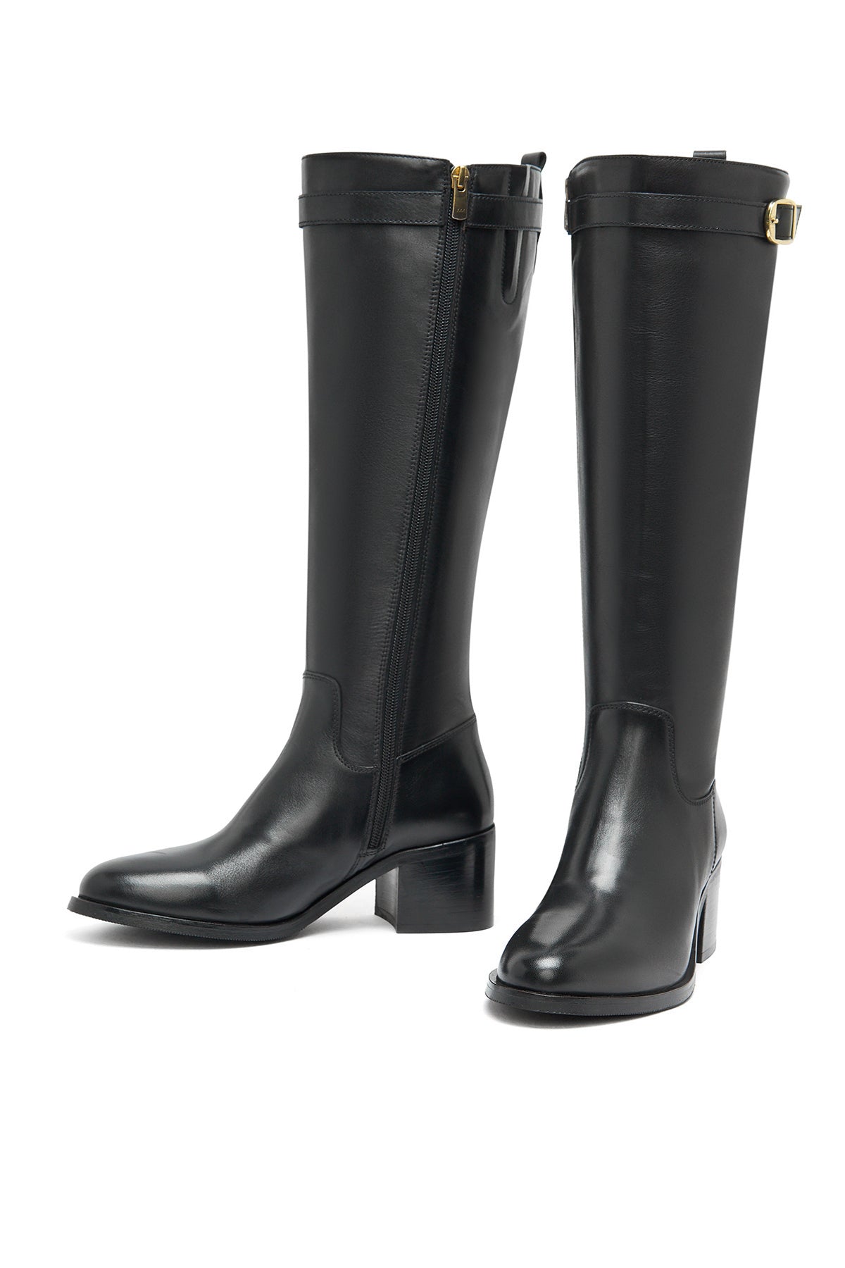 Kadın Siyah Fermuarlı Kalın Topuklu Deri Çizme