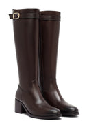 Kadın Kahverengi Fermuarlı Kalın Topuklu Deri Çizme | Derimod