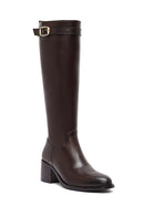 Kadın Kahverengi Fermuarlı Kalın Topuklu Deri Çizme | Derimod