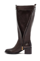 Kadın Kahverengi Fermuarlı Kalın Topuklu Deri Çizme | Derimod