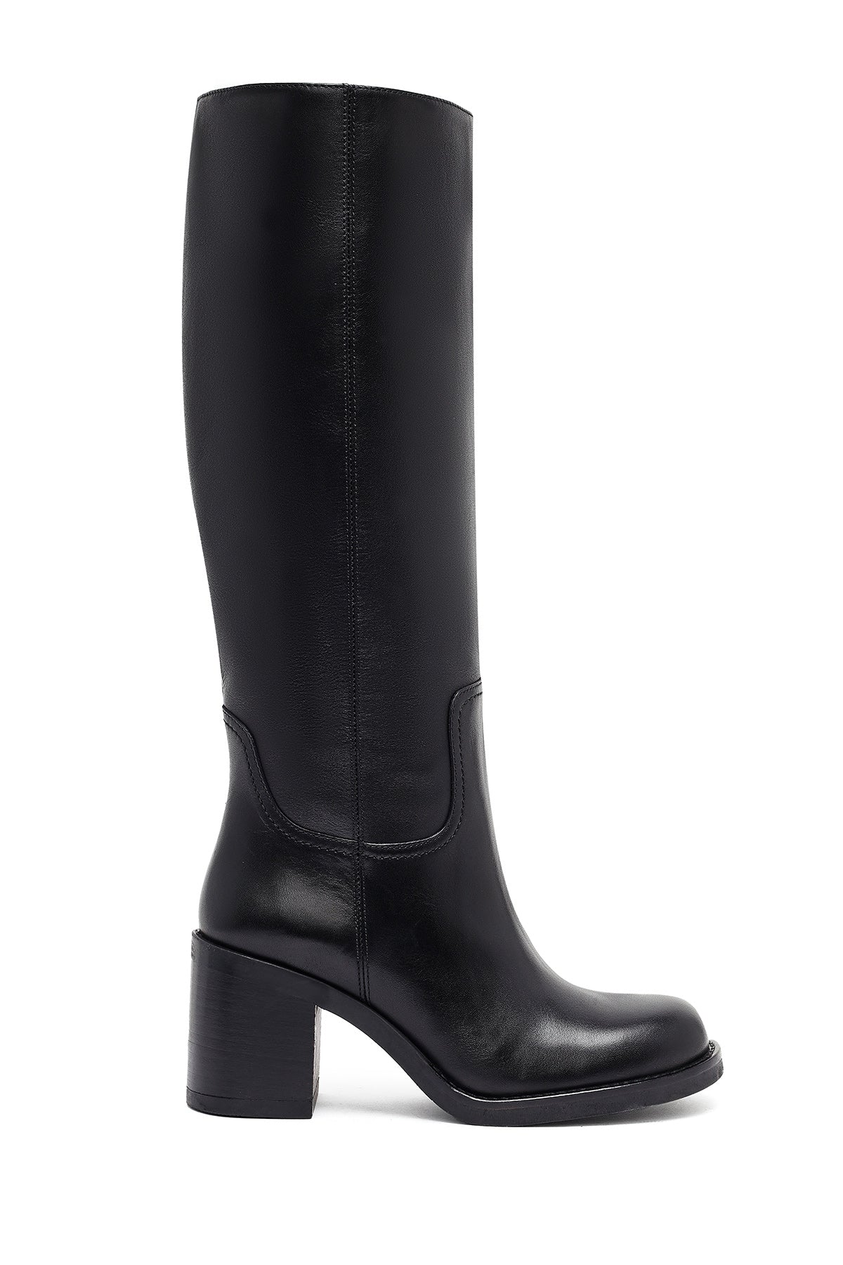 Kadın Siyah Fermuarlı Kalın Topuklu Deri Çizme