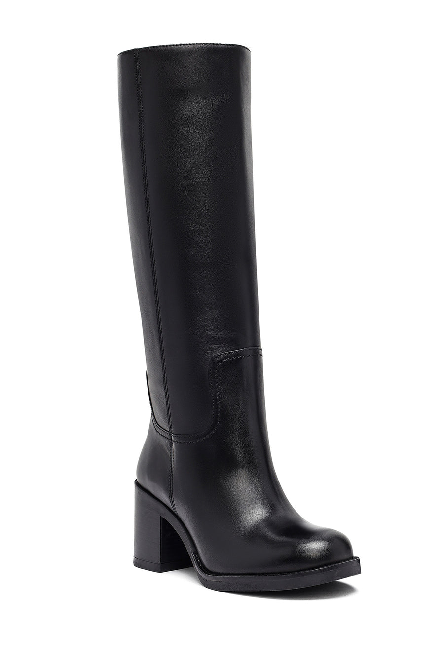 Woman Black Zippered Chunky Heels Leather Boot