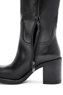 Kadın Siyah Fermuarlı Kalın Topuklu Deri Çizme | Derimod