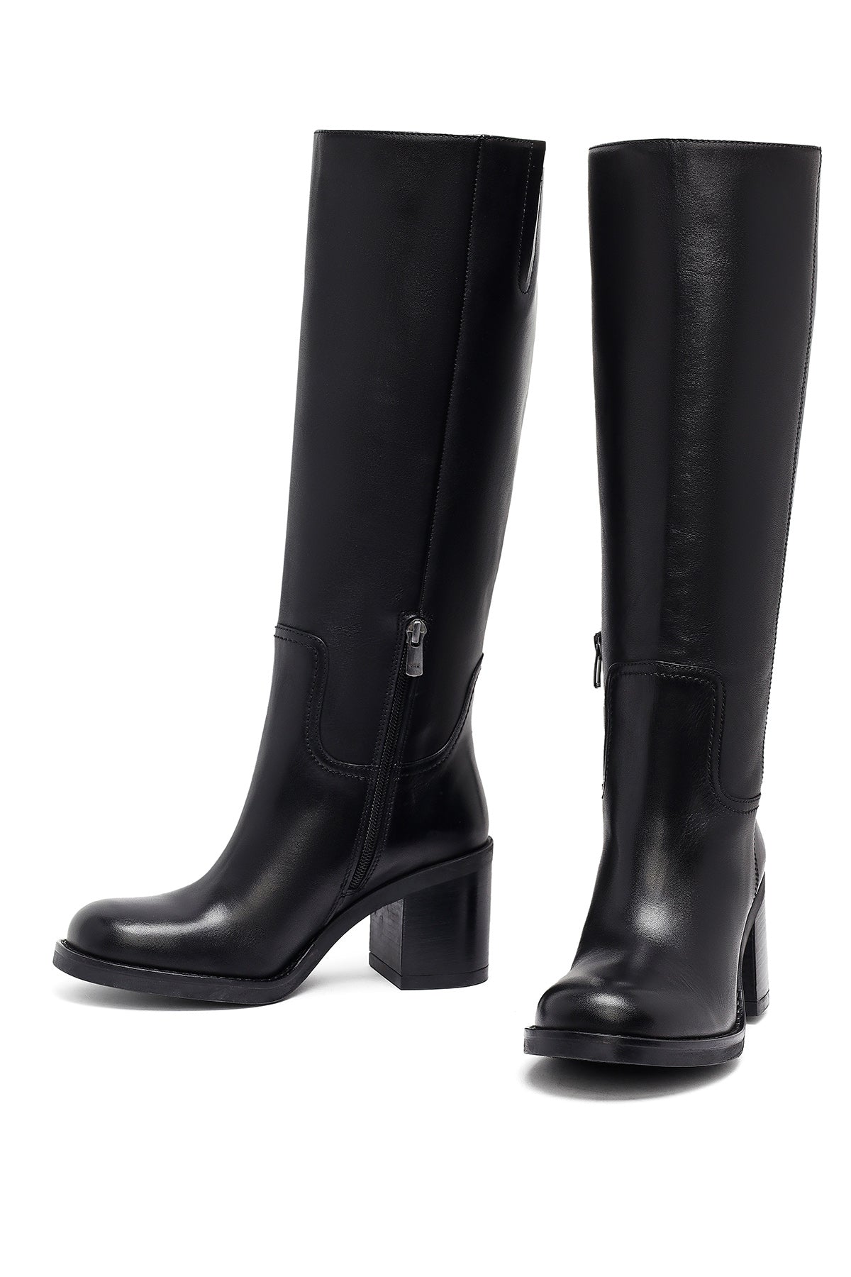 Kadın Siyah Fermuarlı Kalın Topuklu Deri Çizme