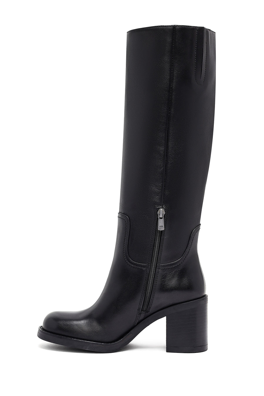 Woman Black Zippered Chunky Heels Leather Boot