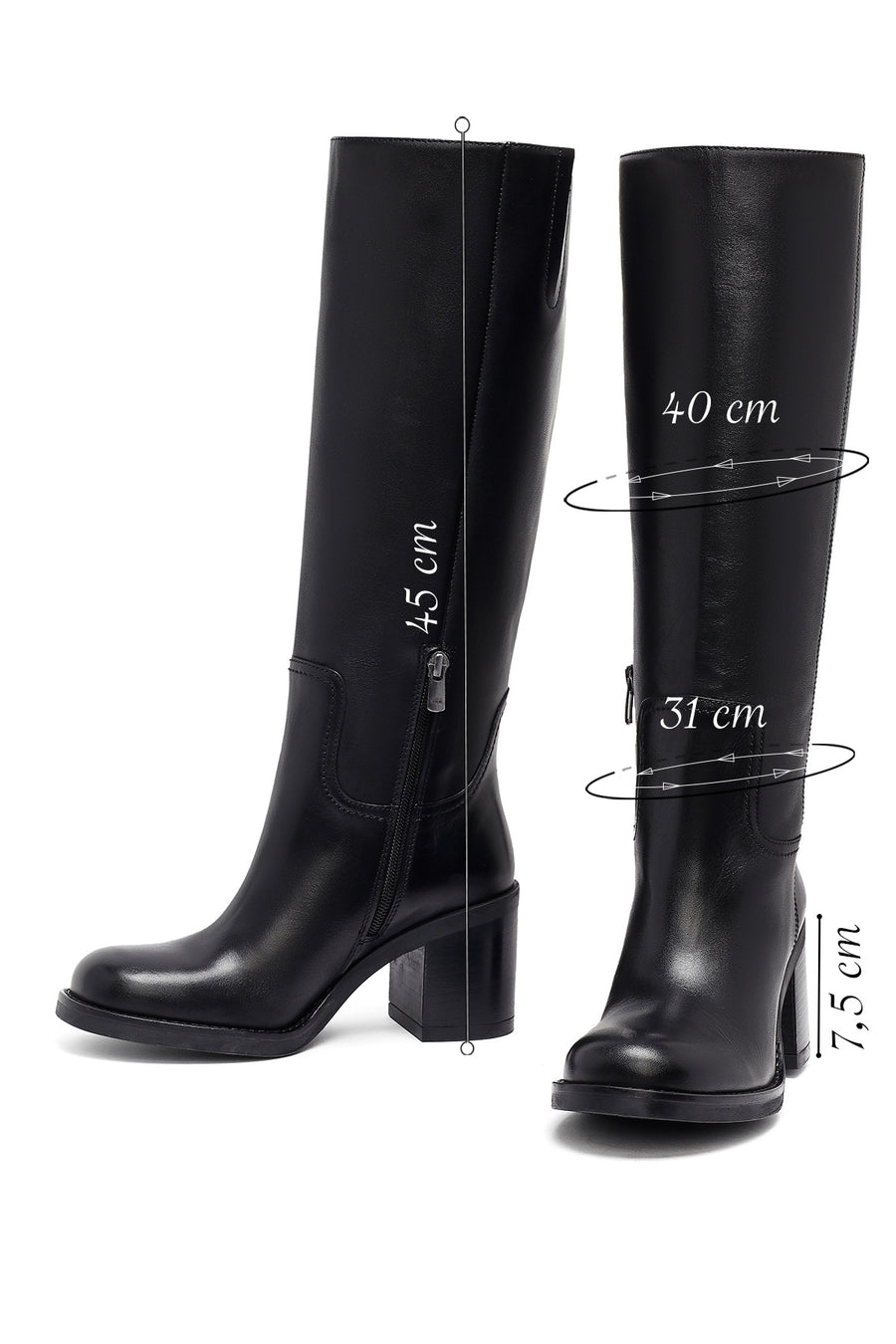 Woman Black Zippered Chunky Heels Leather Boot