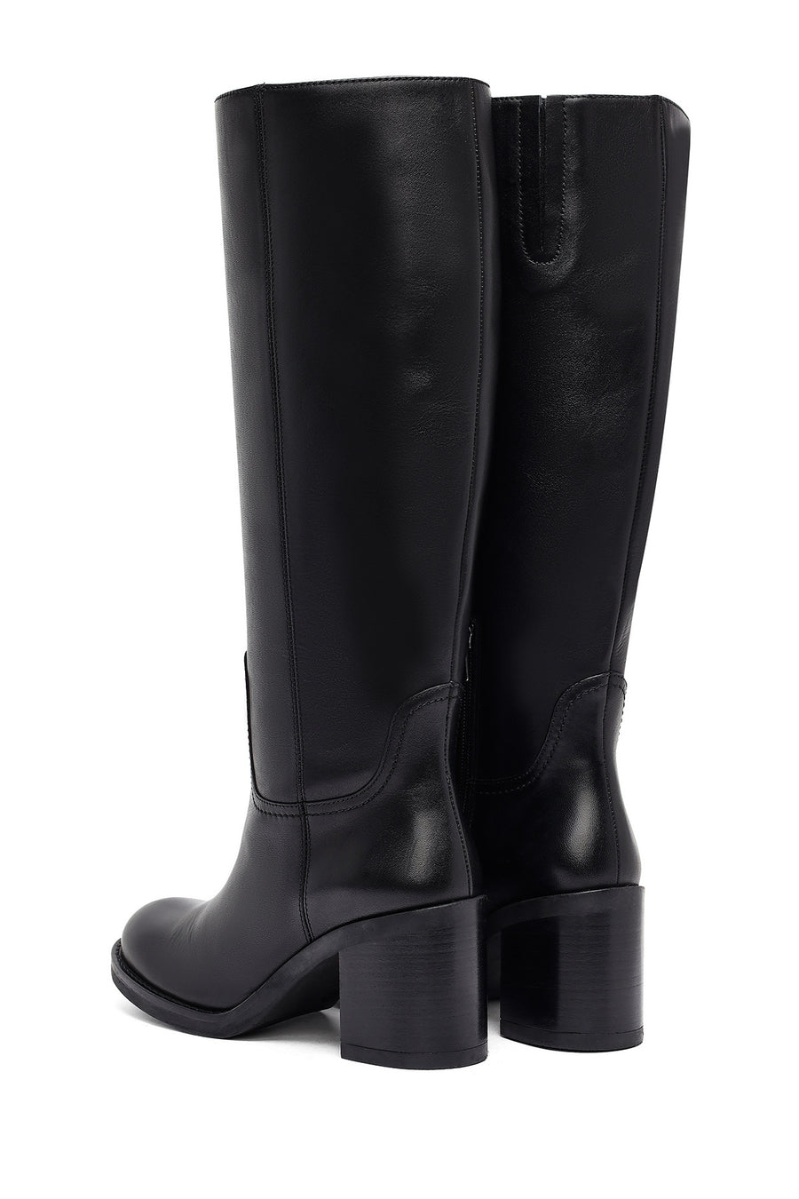 Woman Black Zippered Chunky Heels Leather Boot