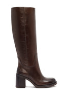 Woman Brown Zippered Chunky Heels Leather Boot | Derimod
