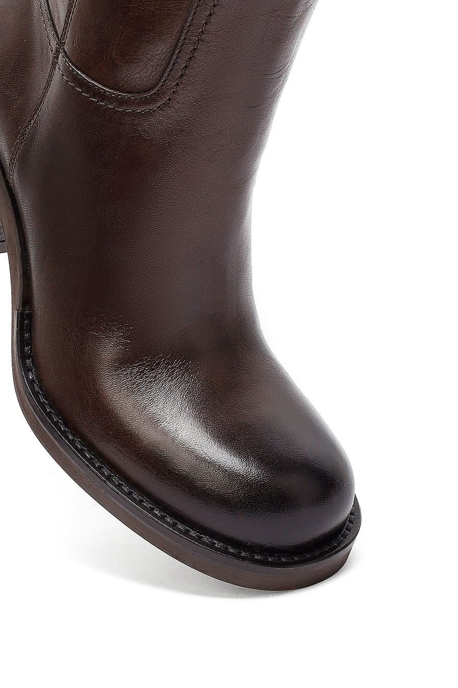 Woman Brown Zippered Chunky Heels Leather Boot
