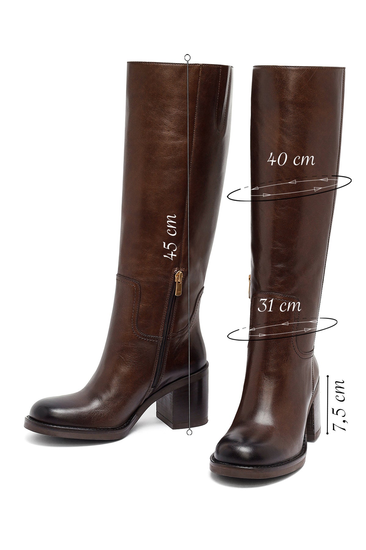 Kadın Kahverengi Fermuarlı Kalın Topuklu Deri Çizme