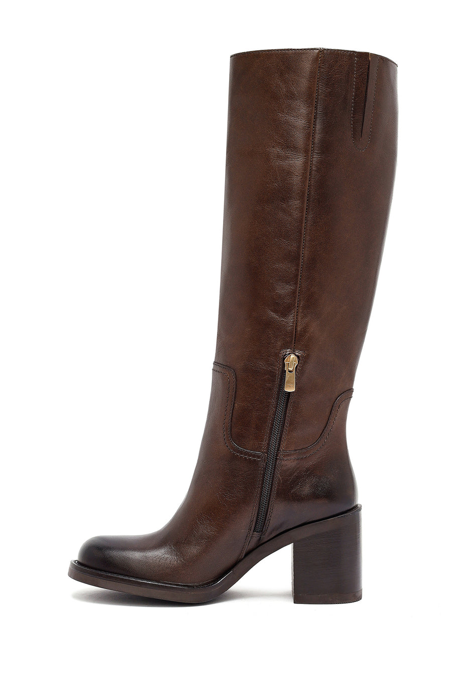 Woman Brown Zippered Chunky Heels Leather Boot