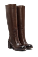 Woman Brown Zippered Chunky Heels Leather Boot | Derimod