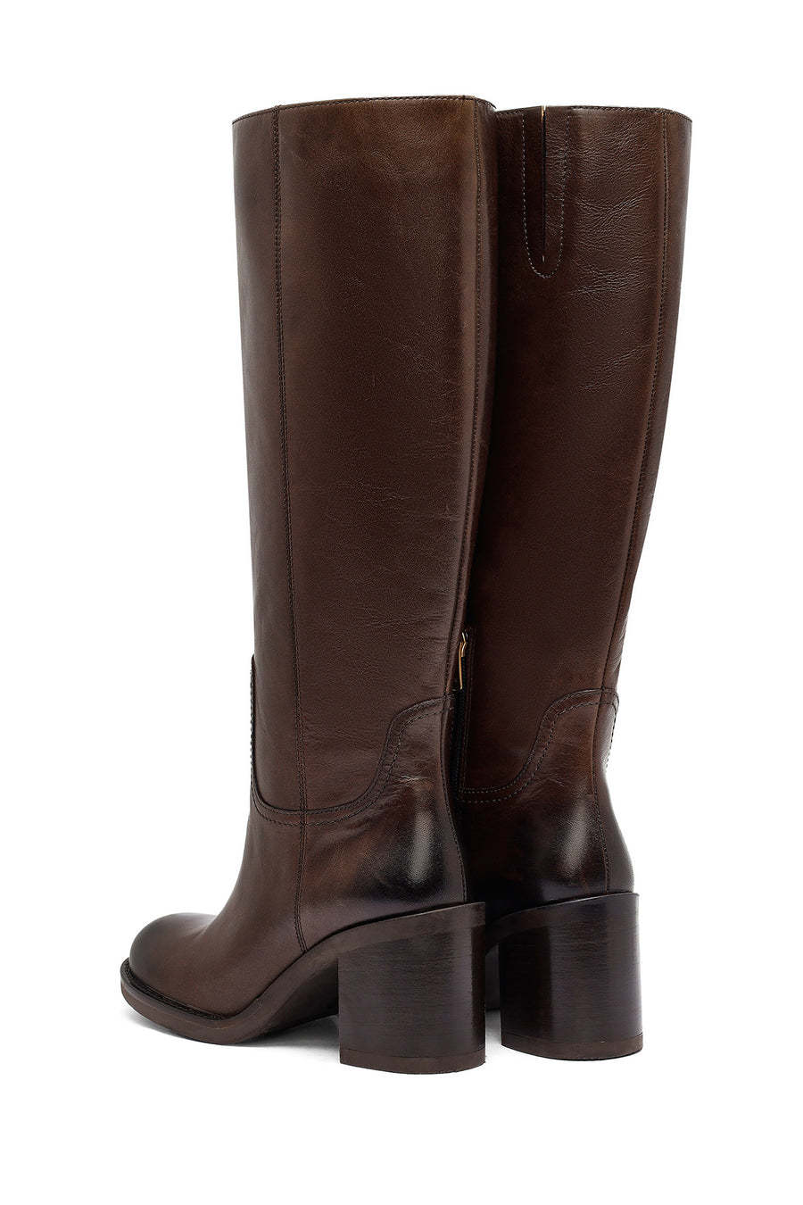 Woman Brown Zippered Chunky Heels Leather Boot