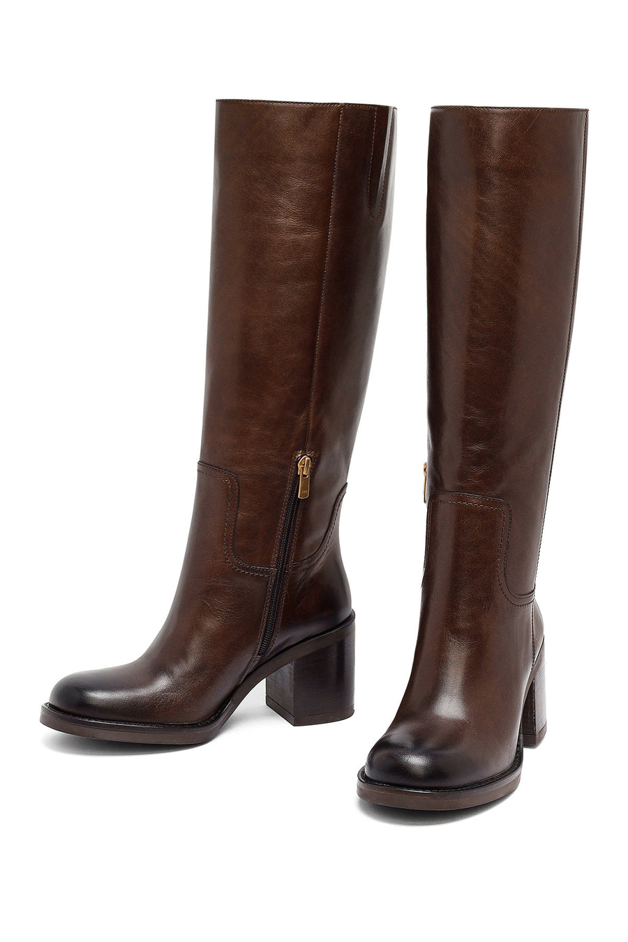 Woman Brown Zippered Chunky Heels Leather Boot