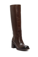 Woman Brown Zippered Chunky Heels Leather Boot | Derimod