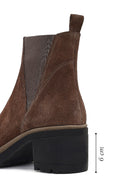 Women's Taupe Zippered Thick Heeled Suede Leather Boot | Derimod