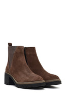Women's Taupe Zippered Thick Heeled Suede Leather Boot | Derimod