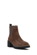 Women's Taupe Zippered Thick Heeled Suede Leather Boot | Derimod