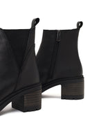 Women's Black Zippered Thick Heeled Leather Boot | Derimod