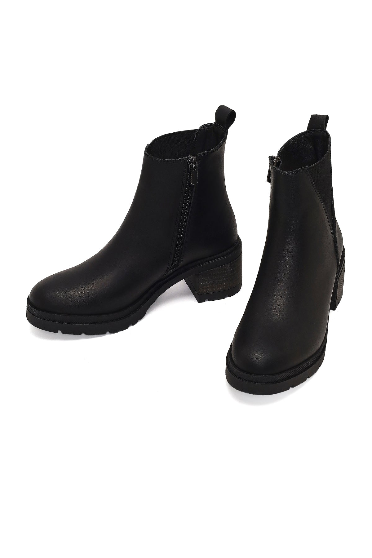 Kadın Siyah Fermuarlı Kalın Topuklu Deri Bot