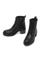 Women's Black Zippered Thick Heeled Leather Combat Boots | Derimod