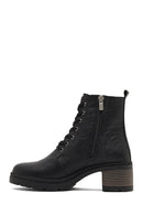 Women's Black Zippered Thick Heeled Leather Combat Boots | Derimod