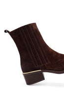 Kadın Kahverengi Fermuarlı Kısa Kalın Topuklu Süet Deri Bot | Derimod