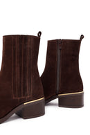 Kadın Kahverengi Fermuarlı Kısa Kalın Topuklu Süet Deri Bot | Derimod