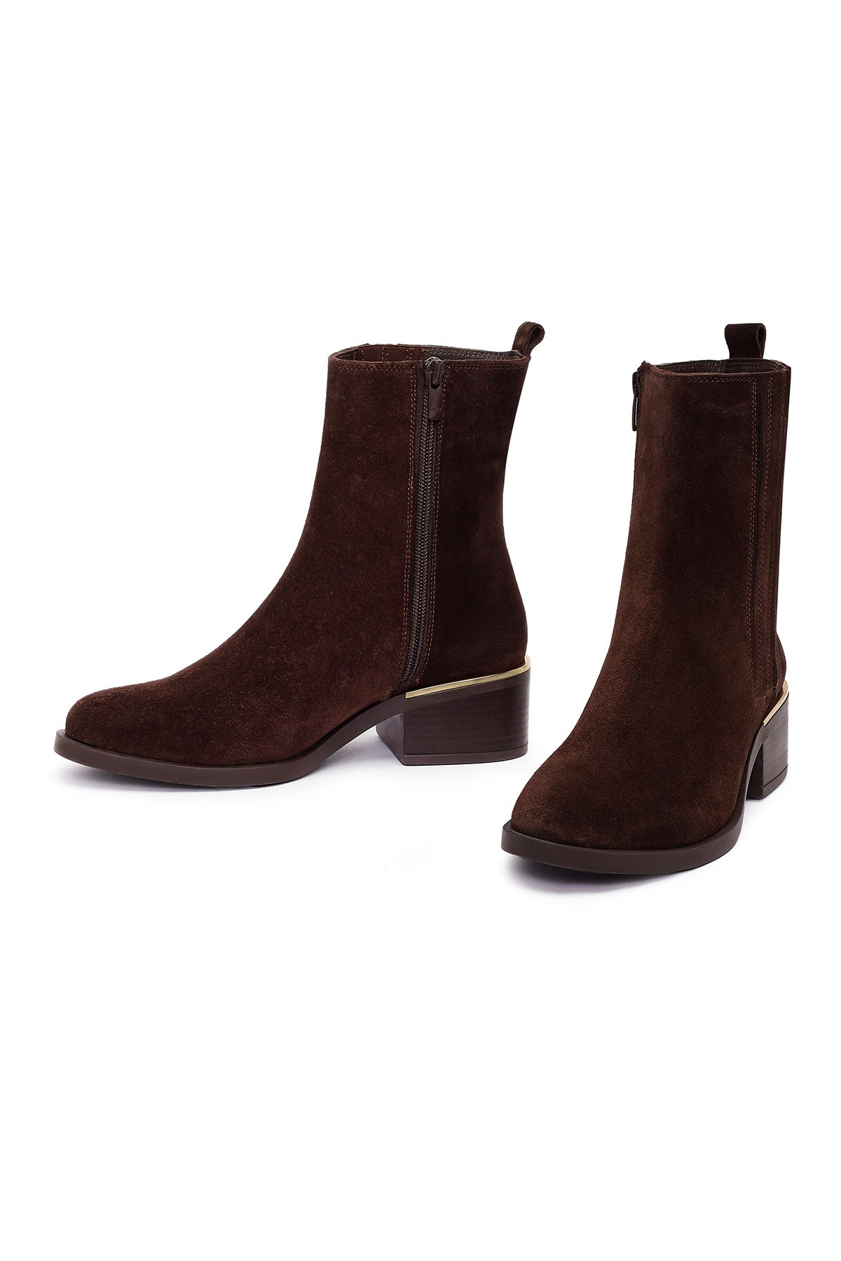 Kadın Kahverengi Fermuarlı Kısa Kalın Topuklu Süet Deri Bot