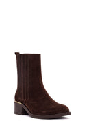 Kadın Kahverengi Fermuarlı Kısa Kalın Topuklu Süet Deri Bot | Derimod