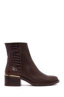 Women's Brown Zippered Short Thick Heeled Leather Boot | Derimod