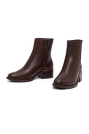 Women's Brown Zippered Short Thick Heeled Leather Boot | Derimod