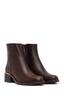 Women's Brown Zippered Short Thick Heeled Leather Boot | Derimod