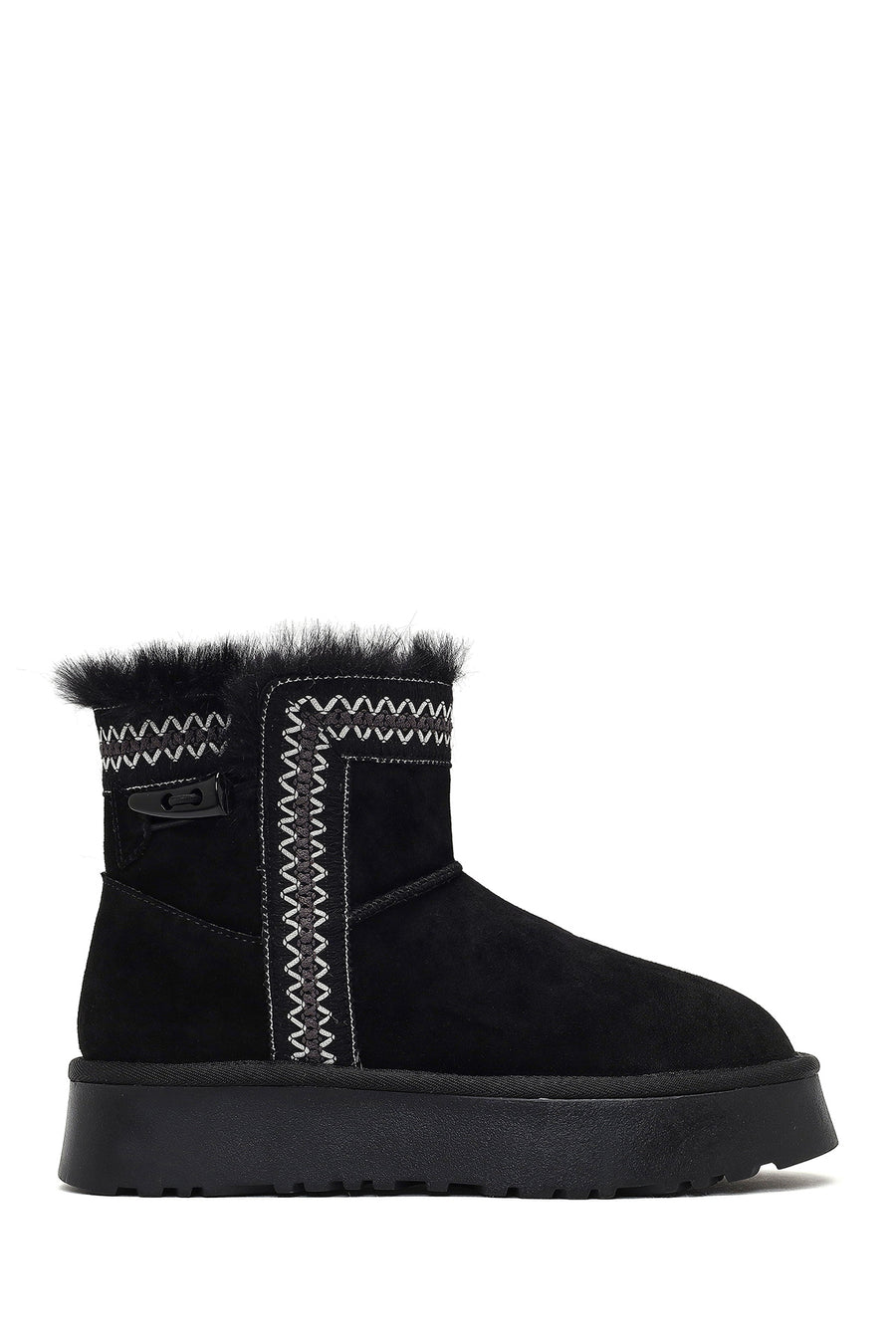 Women's Black Thick-Soled Patterned Suede Leather Teddy Boot 25WFD405410 | Derimod