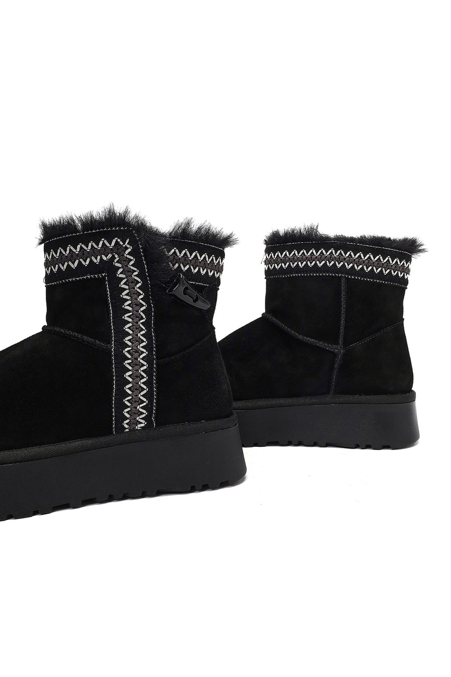 Women's Black Thick-Soled Patterned Suede Leather Teddy Boot