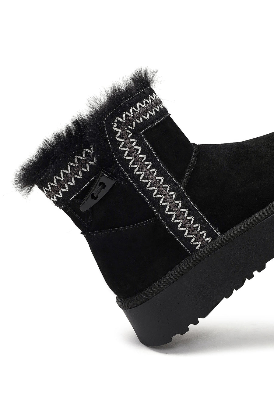 Women's Black Thick-Soled Patterned Suede Leather Teddy Boot