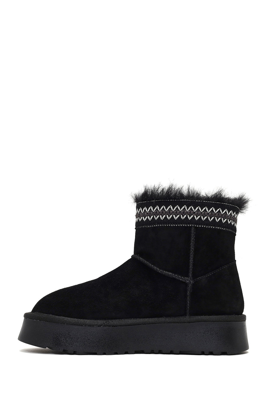 Women's Black Thick-Soled Patterned Suede Leather Teddy Boot