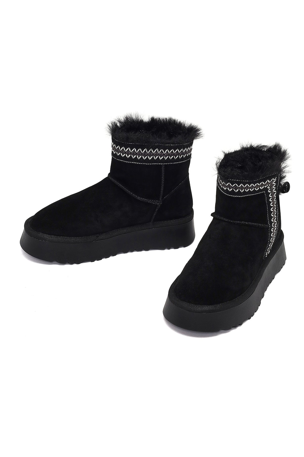 Kadın Siyah Kalın Tabanlı Desenli Süet Deri Teddy Bot