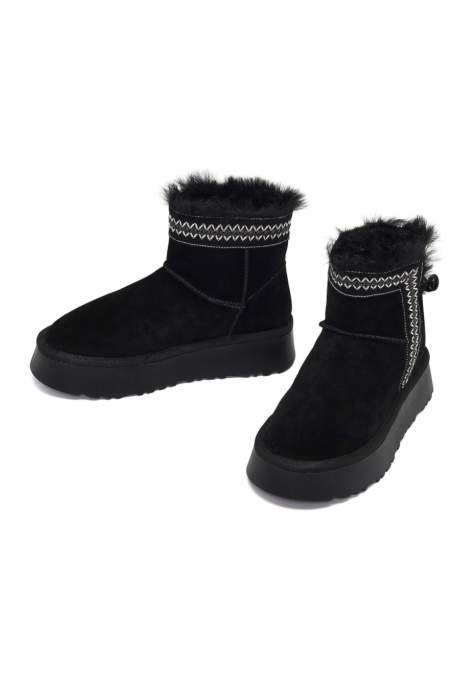 Women's Black Thick-Soled Patterned Suede Leather Teddy Boot