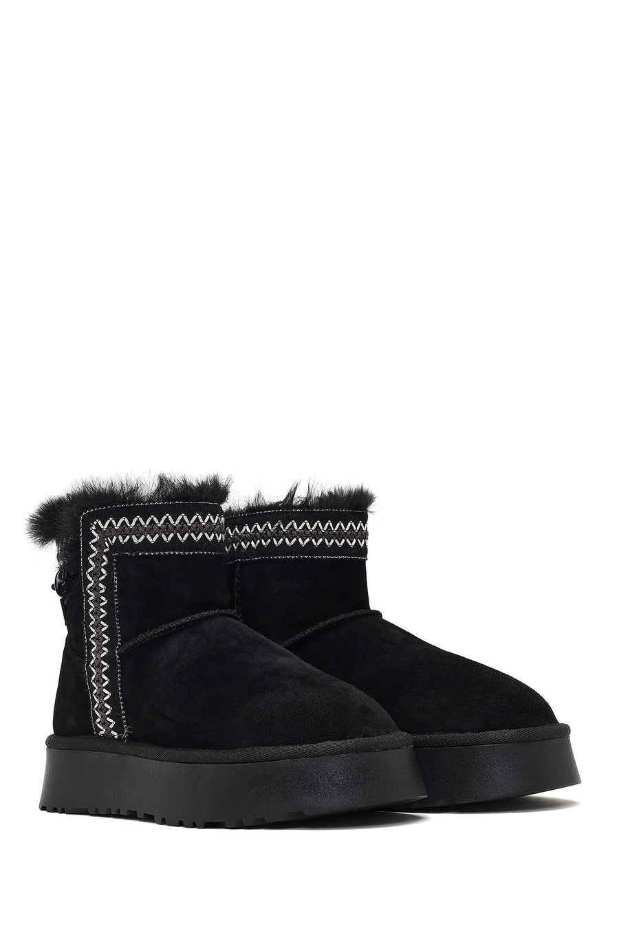 Women's Black Thick-Soled Patterned Suede Leather Teddy Boot