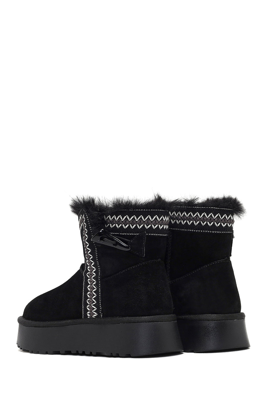 Women's Black Thick-Soled Patterned Suede Leather Teddy Boot