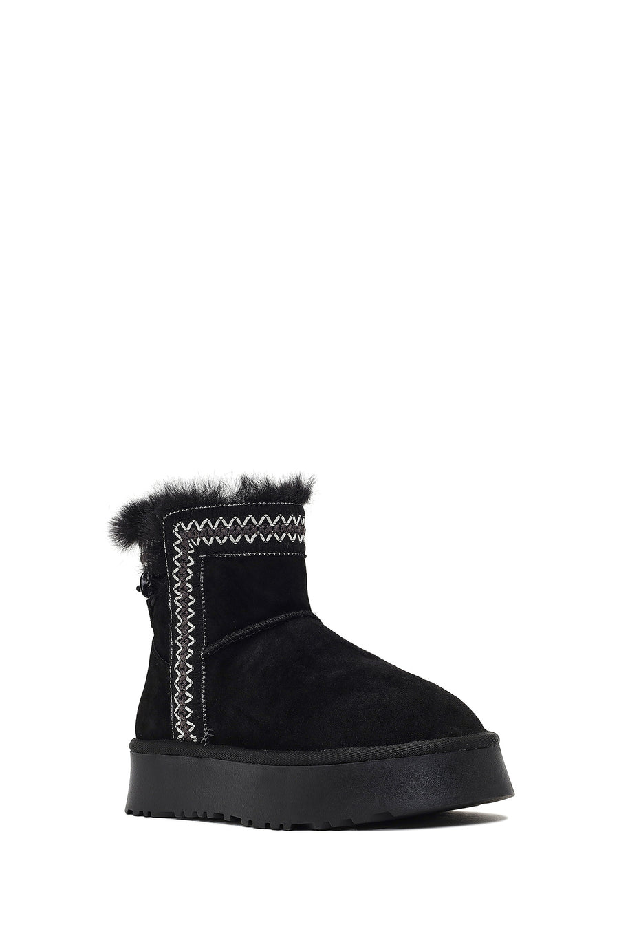 Women's Black Thick-Soled Patterned Suede Leather Teddy Boot
