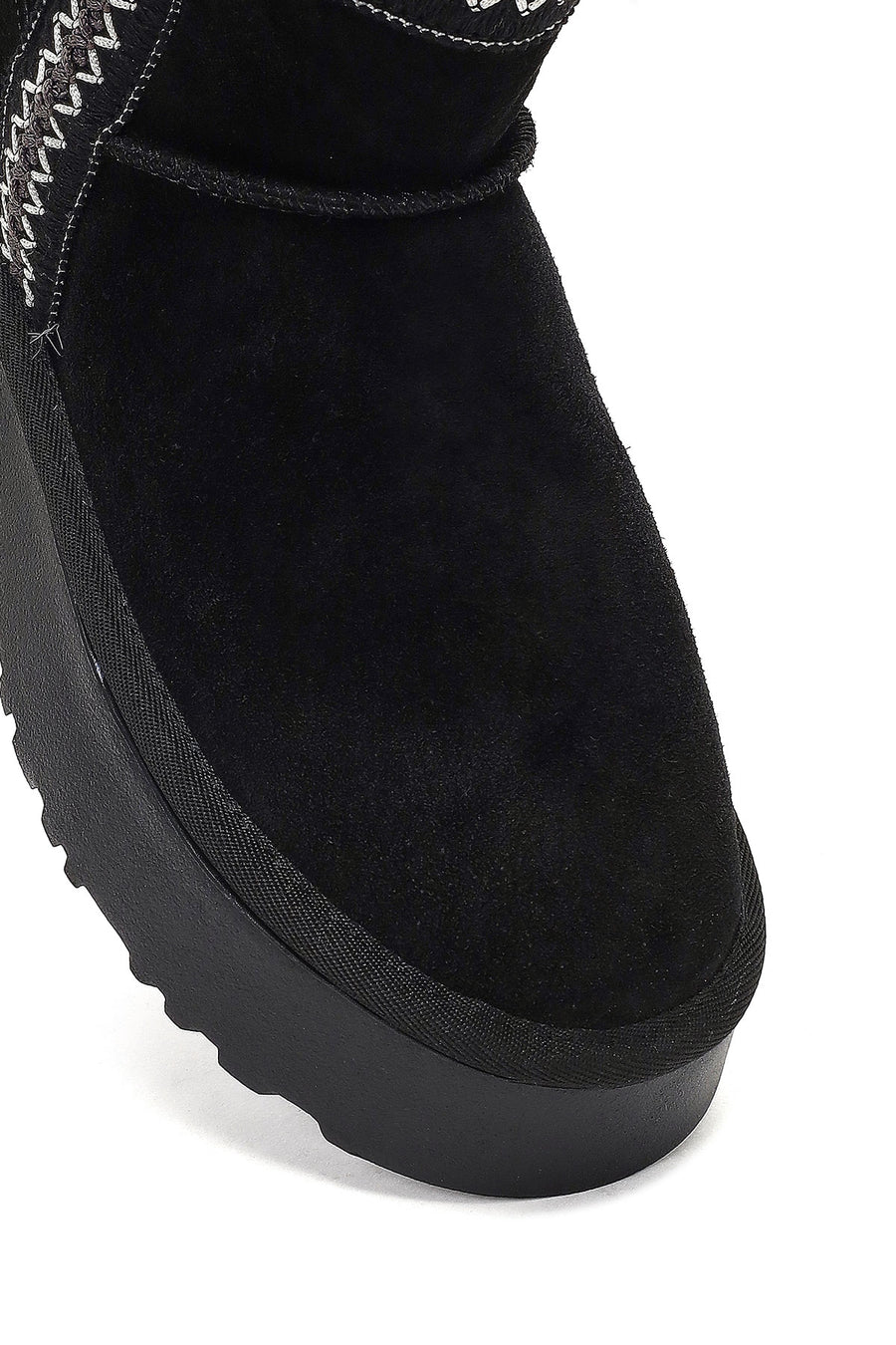 Women's Black Thick-Soled Patterned Suede Leather Teddy Boot