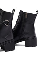 Woman Black Zippered Chunky Heels Leather Boat | Derimod