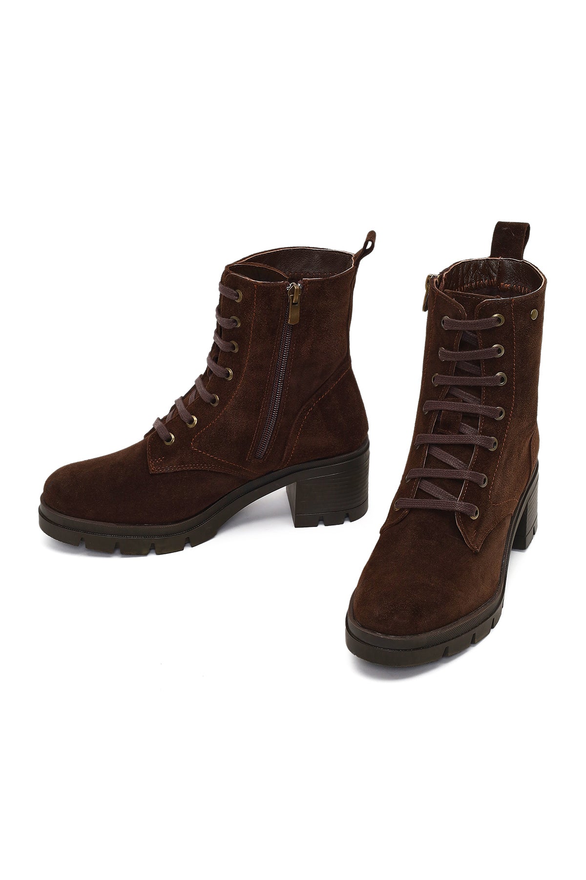 Kadın Kahverengi Fermuarlı Kalın Topuklu Süet Deri Bot