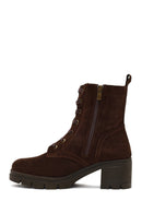 Women's Brown Zippered Thick Heeled Suede Leather Boot | Derimod