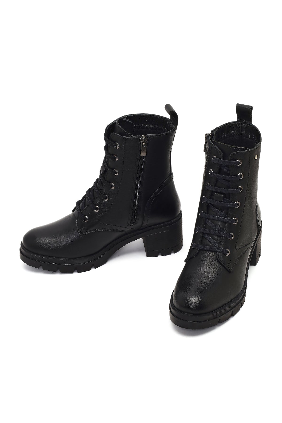 Kadın Siyah Fermuarlı Kalın Topuklu Deri Bot